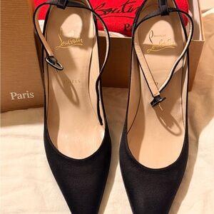 Christian Louboutin Black Satin Pointed Slingback Pumps